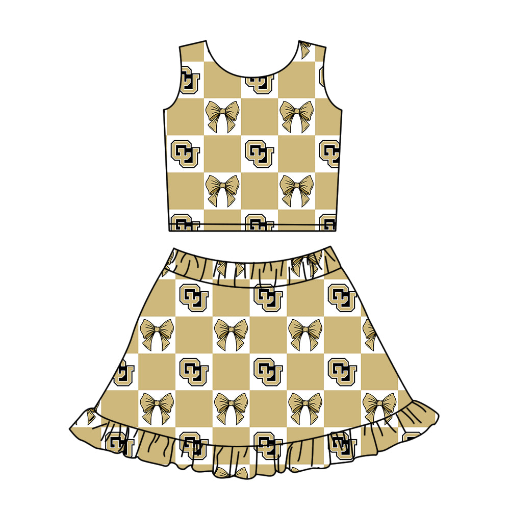 Custom MOQ 3 or 5 pcs Team Design Girl Summer CU Bows Plaid Top Ruffle Skirt Short Team Clothes Sets