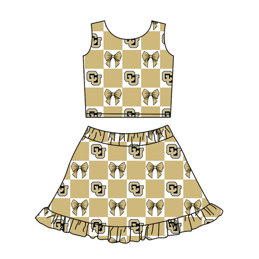 Custom MOQ 3 or 5 pcs Team Design Girl Summer CU Bows Plaid Top Ruffle Skirt Short Team Clothes Sets