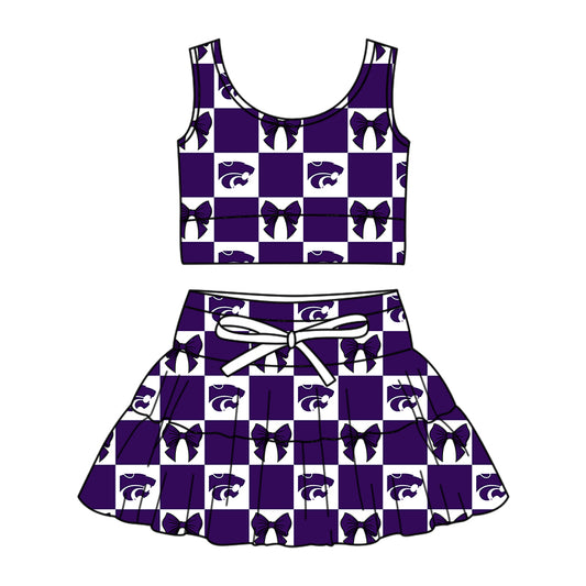 Custom MOQ 3 or 5 pcs Team Design Girl Purple Leopard Bow Plaid Vests Top Skirt Short Team Clothes Sets