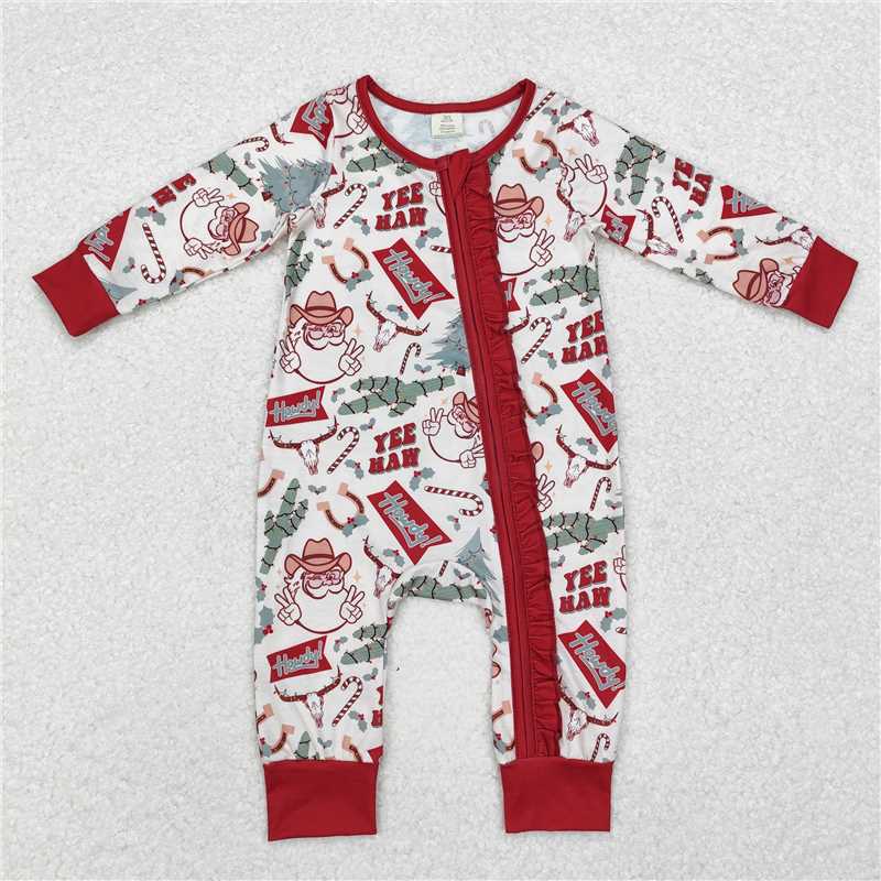 LR1277  Baby Infant Girls Christmas Western Cactus Santa Bamboo Zip Romper