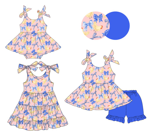 26.1.16 Custom (Moq 3 or 5) Sibling Baby Girl Sleeveless Chick Bows Floral Short Sleeve Shorts Sets Kids Dress Romper