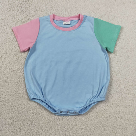 SR4269 Newborn Baby Kids Short Sleeve Pink Blue Green Patchwork Rompers