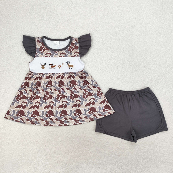 GSSO1358 Embroidered Moose puppy camouflage charcoal gray flying sleeve shorts set Regular price$8.00 USD