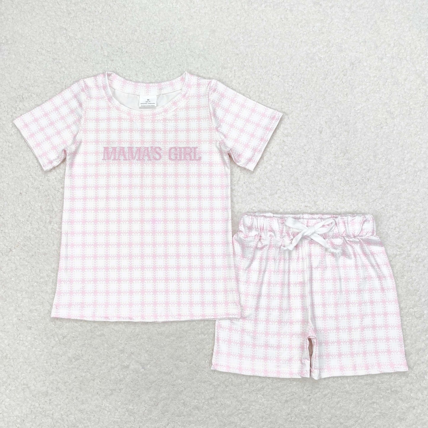 GSSO1236 mama's girl Embroidery checkered pink-and-white short-sleeved shorts set