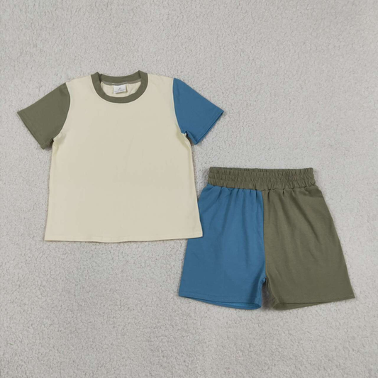 BSSO1976 Kids Baby Boys Grey Blue Patchwork Top Short Pajamas Slouchy Clothes Sets