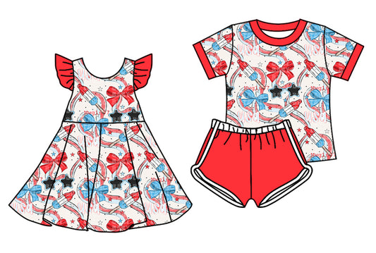 26.1.17 Custom (Moq 3 or 5) Sibling Baby Girl Clothes bow Short Sleeve Shorts Sets and Dress
