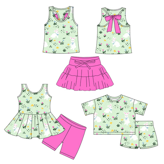 26.1.7 Custom MOQ:3 or 5 pcs each design milk silk Sibling baby girl clothes bunny short sleeve shorts sets 2 and skirts sets