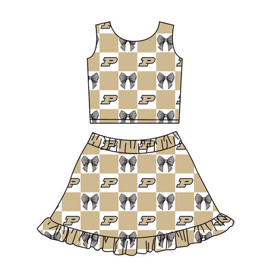 Custom Milk Silk Order MOQ:3 or 5 pcs Each Design Team State Girl Summer Bow Khaki Sleeveless Skirts Sets-26.1.23