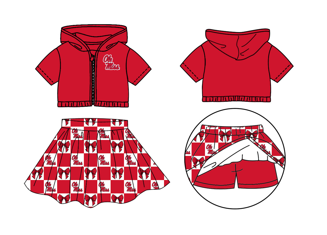Custom Milk Silk Order MOQ:3 or 5 pcs Each Design Team State Girl Summer Bow Red Zipper Hooded Short Sleeve Short Skirts Sets-26.1.19