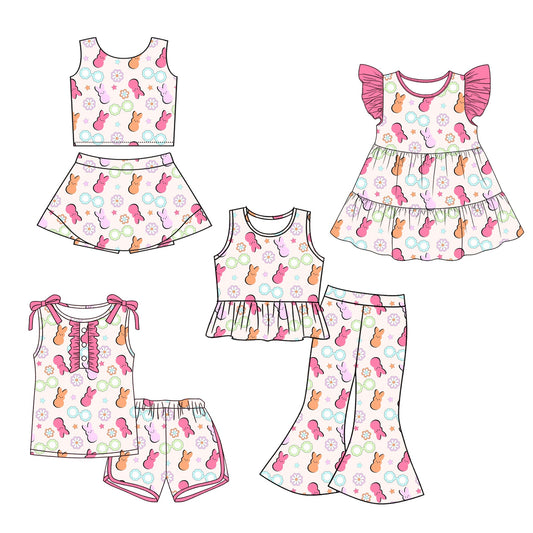 26.1.12 Custom MOQ:3 or 5 pcs each design milk silk Sibling baby girl clothes bunny short sleeve shorts sets and skirts sets and pants set and dress