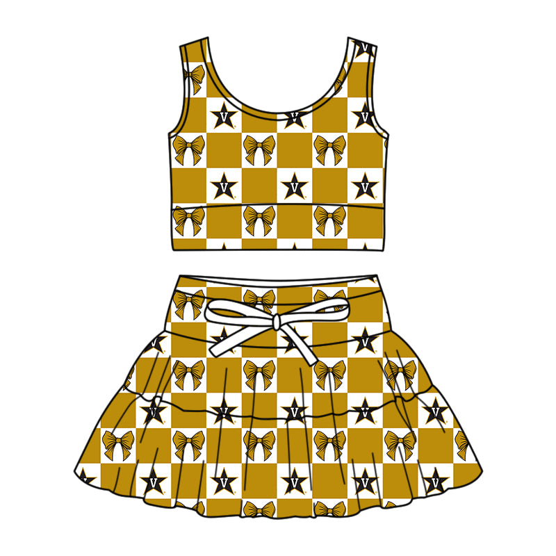 Custom Milk Silk Order MOQ:3 or 5 pcs Each Design Team State Girl Summer Bow Khaki Sleeveless Skirts Sets-26.1.20