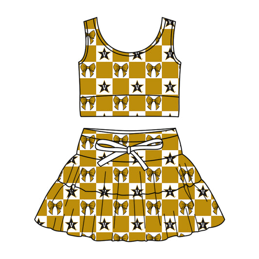 Custom Milk Silk Order MOQ:3 or 5 pcs Each Design Team State Girl Summer Bow Khaki Sleeveless Skirts Sets-26.1.20