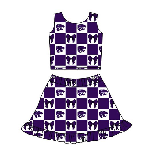 Custom MOQ 3 or 5 pcs Team Design Girl Summer Purple Leopard Bow Plaid Vest Ruffle Skirt Short Team Clothes Sets