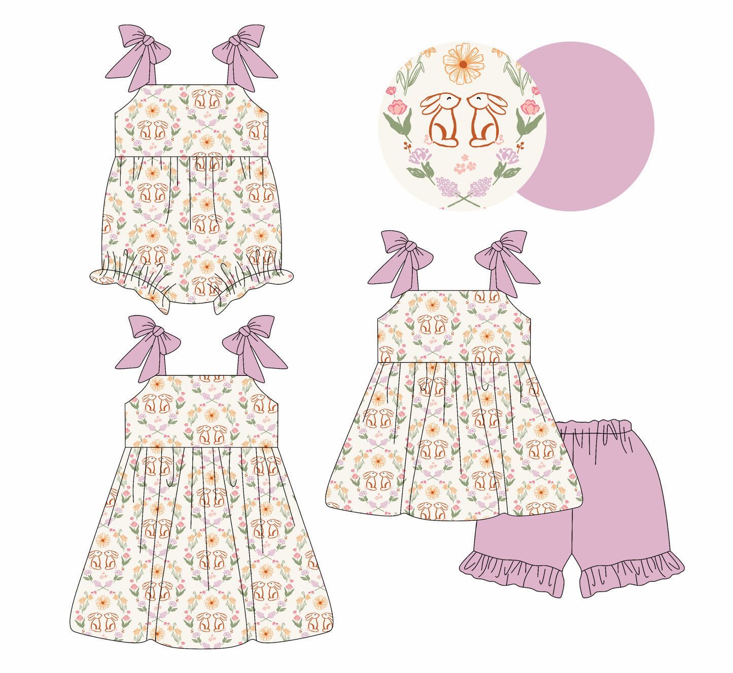 26.1.9 Custom MOQ:3 or 5 pcs each design milk silk Sibling baby girl clothes bunny floral short sleeve shorts sets and dress and romper