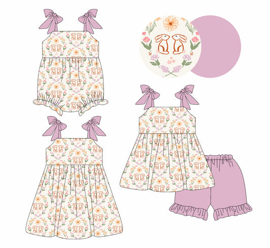 26.1.9 Custom MOQ:3 or 5 pcs each design milk silk Sibling baby girl clothes bunny floral short sleeve shorts sets and dress and romper