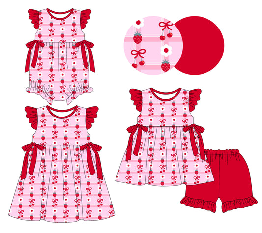 26.1.8 Custom MOQ:3 or 5 pcs each design milk silk Sibling baby girl clothes strawberry bow short sleeve shorts sets and dress and romper