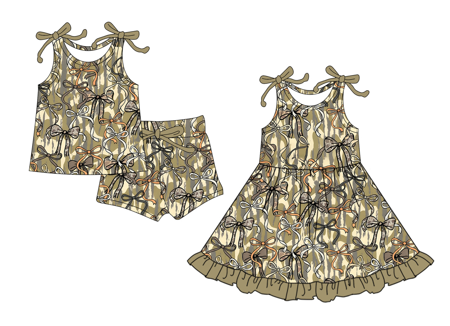 26.1.1 Custom MOQ:3 or 5 pcs each design milk silk Sibling baby girl clothes camouflage bow short sleeve shorts sets and dress
