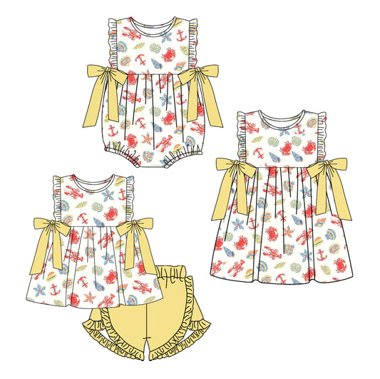 26.1.3 Custom MOQ:3 or 5 pcs each design milk silk Sibling baby girl clothes lobster short sleeve shorts sets and dress and romper