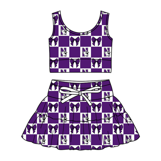 Custom Milk Silk Order MOQ:3 or 5 pcs Each Design Team State Girl Summer Bow Purple Sleeveless Skirts Sets-26.1.22