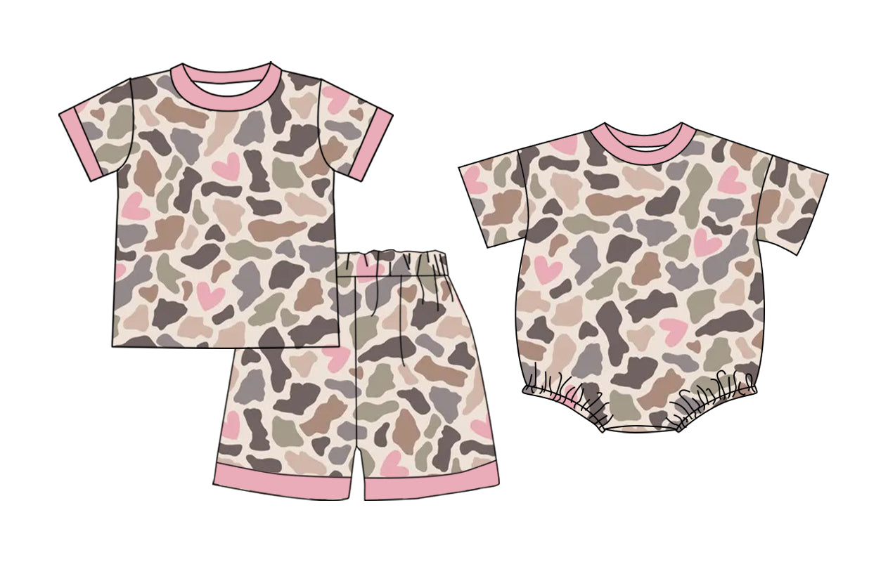 26.1.6 Custom MOQ:3 or 5 pcs each design milk silk Sibling baby girl clothes camouflage short sleeve shorts sets and romper