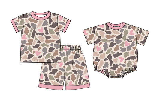 26.1.6 Custom MOQ:3 or 5 pcs each design milk silk Sibling baby girl clothes camouflage short sleeve shorts sets and romper