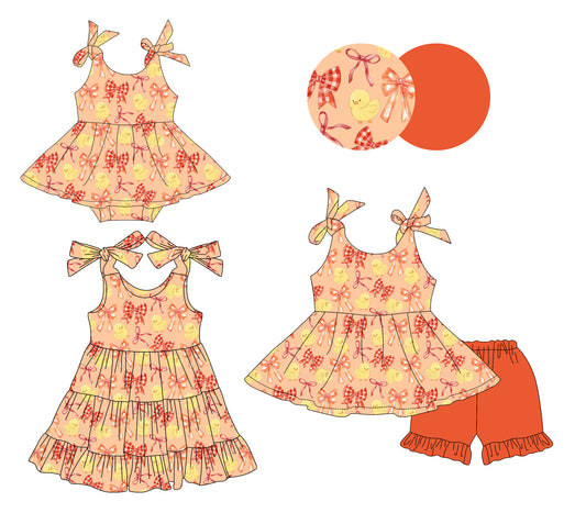26.1.16 Custom (Moq 3 or 5) Sibling Baby Girl Sleeveless Orange Chick Bows Floral Short Sleeve Shorts Sets Kids Dress Romper