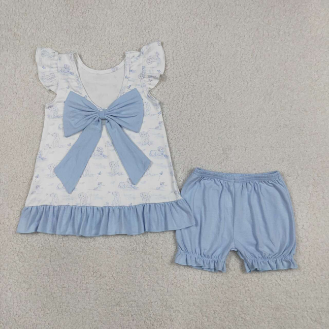 GSSO3061 Kids Baby Girls Flutter Sleeve Dogs Butterfly Back Bow Tunic Ruffle Short Clothes Sets
