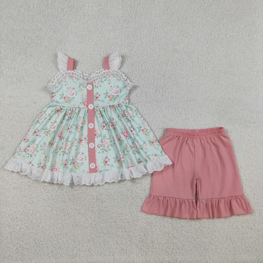 GSSO3036 Kids Baby Girl Colorful Flowers Button Tunic Ruffle Shorts Clothes Sets