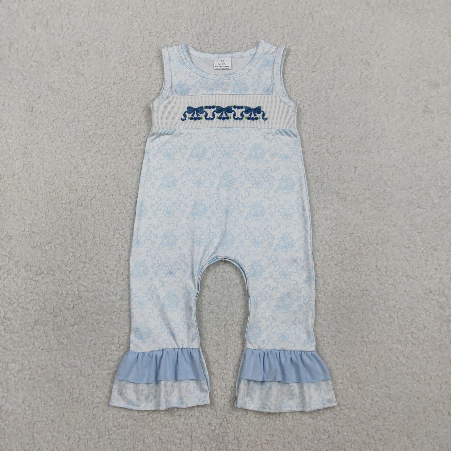 SR3843 Newborn Baby Girl Embroidery Bows Sleeveless Blue Flowers Ruffle Rompers