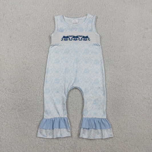 SR3843 Newborn Baby Girl Embroidery Bows Sleeveless Blue Flowers Ruffle Rompers