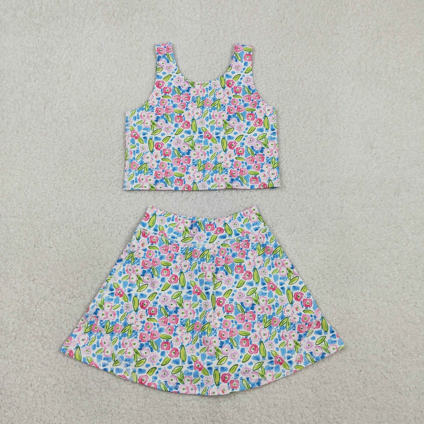 GSD1988 Kids Baby Girl Blue Pink Floral Vest Top Shorts Skirts Yoga Activity Set