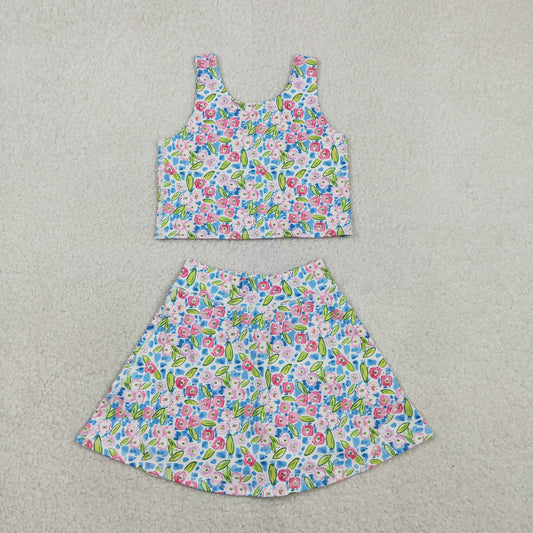 GSD1988 Kids Baby Girl Blue Pink Floral Vest Top Shorts Skirts Yoga Activity Set