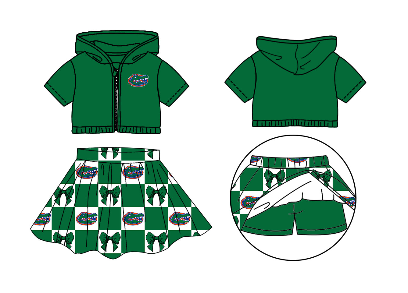 Custom Milk Silk Order MOQ:3 or 5 pcs Each Design Team State Girl Summer Bow Green Zipper Hooded Short Sleeve Short Skirts Sets-26.1.17