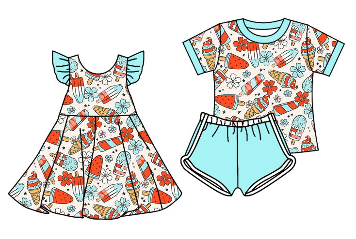 26.1.17 Custom (Moq 3 or 5) Sibling Baby Girl Clothes ice cream Short Sleeve Shorts Sets and Dress