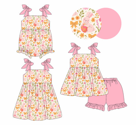 26.1.9 Custom MOQ:3 or 5 pcs each design milk silk Sibling baby girl clothes bunny floral bow short sleeve shorts sets and dress and romper