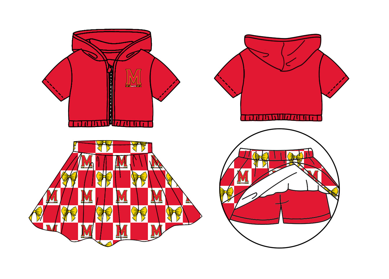 Custom Milk Silk Order MOQ:3 or 5 pcs Each Design Team State Girl Summer Bow Red Zipper Hooded Short Sleeve Short Skirts Sets-26.1.21