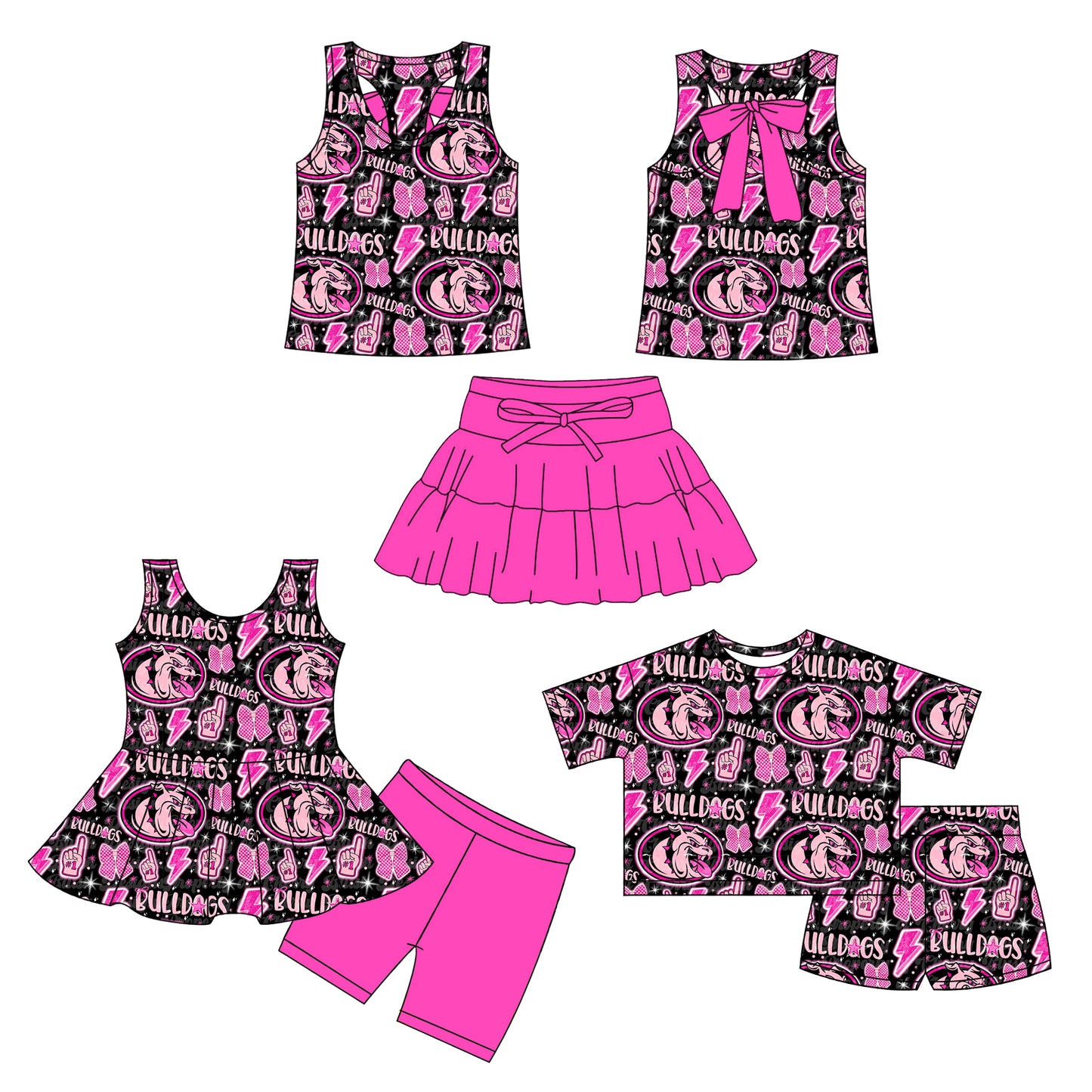 26.1.7 Custom MOQ:3 or 5 pcs each design milk silk Sibling baby girl clothes team short sleeve shorts sets 2 and skirts sets