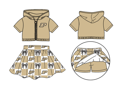 Custom Milk Silk Order MOQ:3 or 5 pcs Each Design Team State Girl Summer Bow Khaki Zipper Hooded Short Sleeve Short Skirts Sets-26.1.23