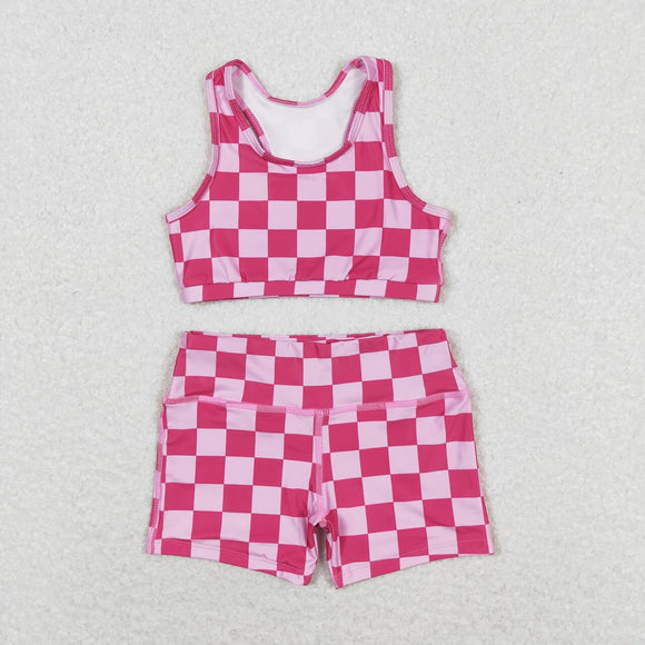 GT0521+ SS0218 Pink plaid sleeveless top and shorts yoga suit