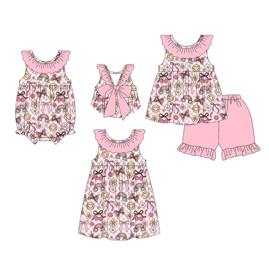 26.1.8 Custom MOQ:3 or 5 pcs each design milk silk Sibling baby girl clothes bow short sleeve shorts sets and dress and romper