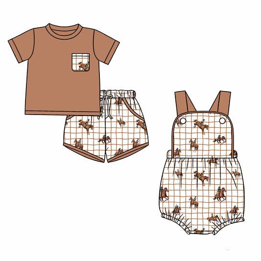26.1.2 Custom MOQ:3 or 5 pcs each design milk silk Sibling baby boy clothes riding horse short sleeve shorts sets and romper