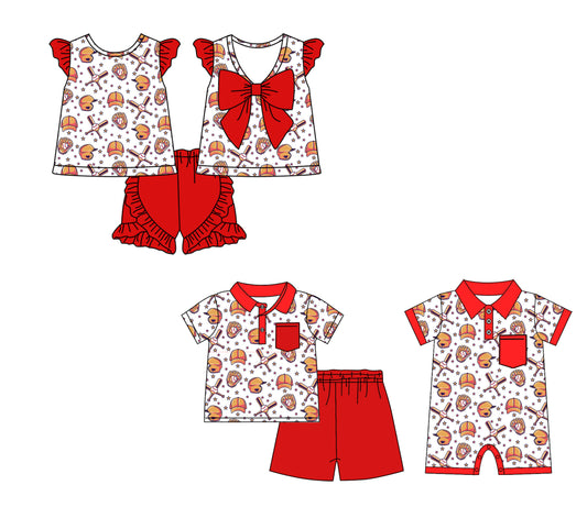 26.1.3 Custom MOQ:3 or 5 pcs each design milk silk Sibling baby boy girl clothes baseball short sleeve shorts sets 2 and romper