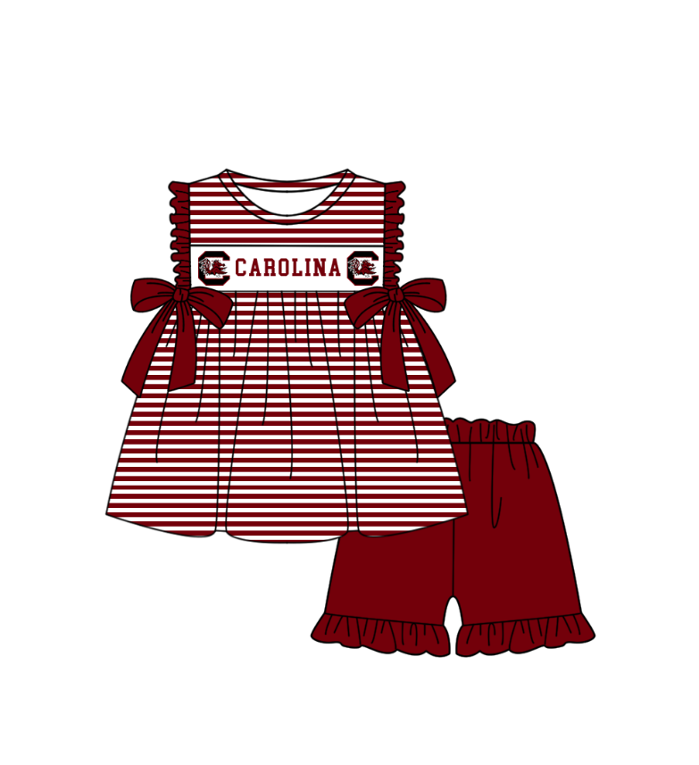 1.30 Custom Order Moq 3 Baby Girl Carolina Team Bows Stripe Tunic Top Ruffle Shorts Clothes Sets