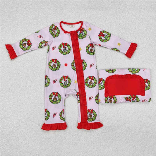 LR1664 Baby Infant Girls Christmas Green Face Zip Bamboo Romper