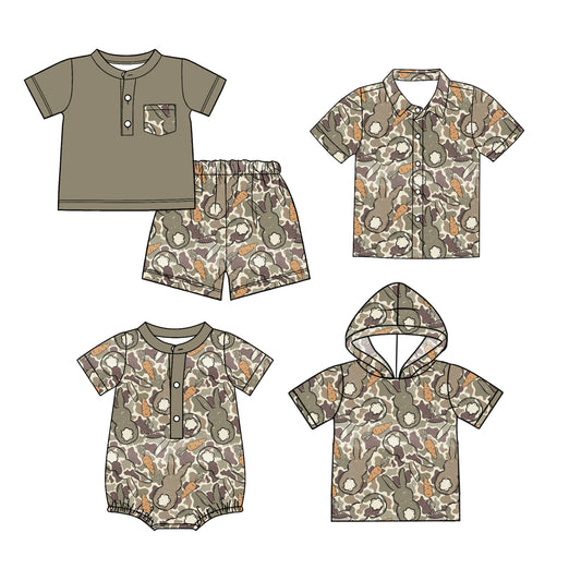 26.1.15 Custom MOQ:3 or 5 pcs each design milk silk Sibling baby boy clothes camouflage bunny short sleeve shorts sets and tops 2 and romper