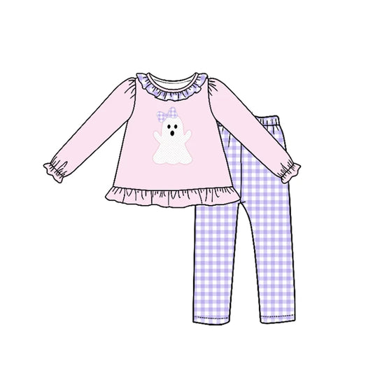 7.25 design Baby Girls Bows Ghost Tunic Checked Leggings Halloween Clothes Sets