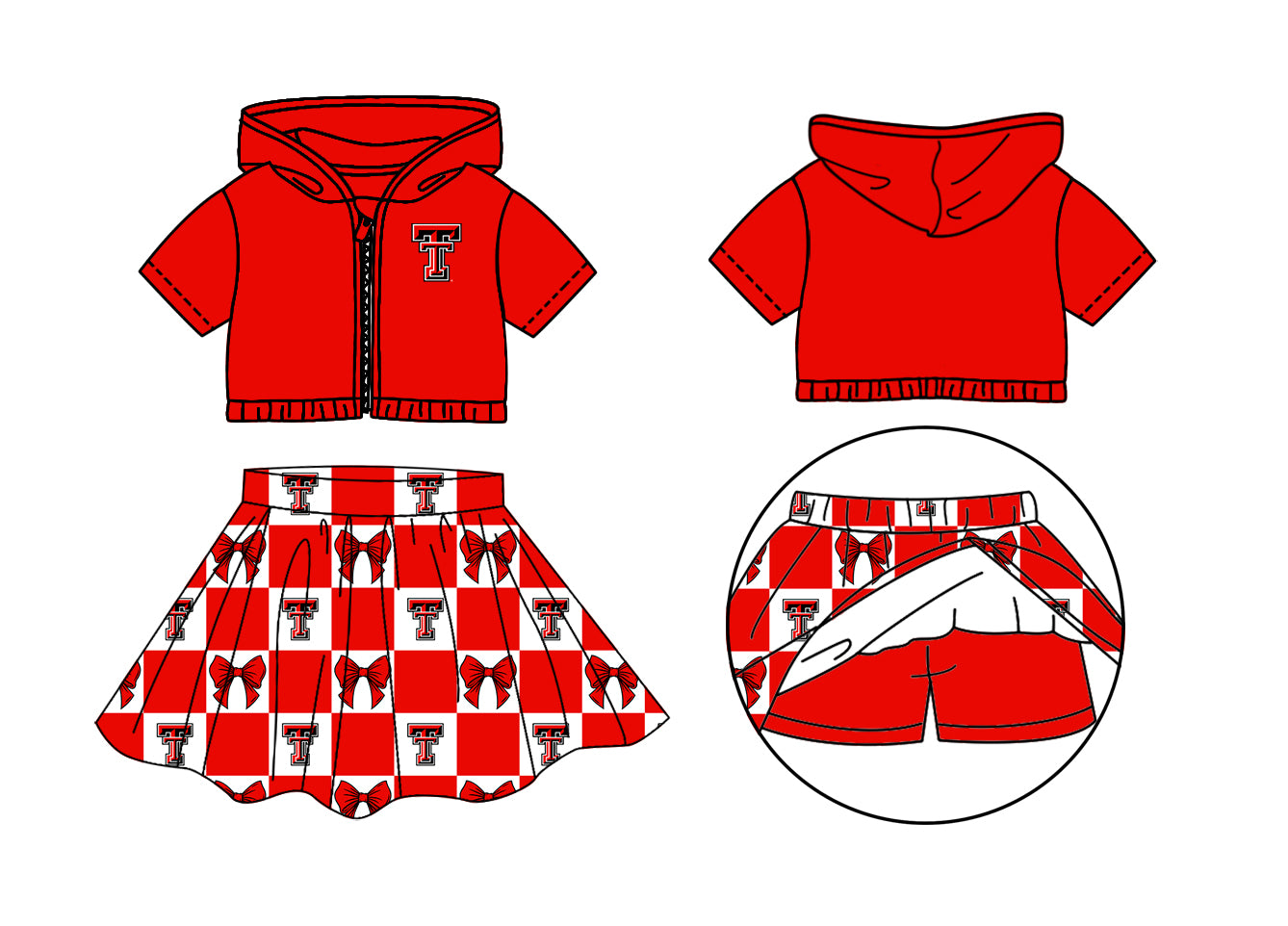 Custom Moq 3 or 5 Team Design Baby Girl Red T Bows Zipper Hoodie Jackets Skirt Short Team Clothes Sets