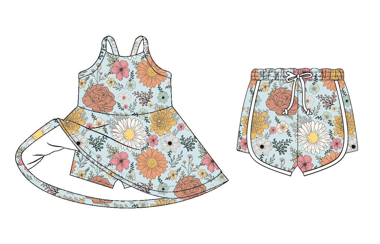 26.1.6 Custom MOQ:3 or 5 pcs each design milk silk Sibling baby girl clothes floral short sleeve dress and shorts