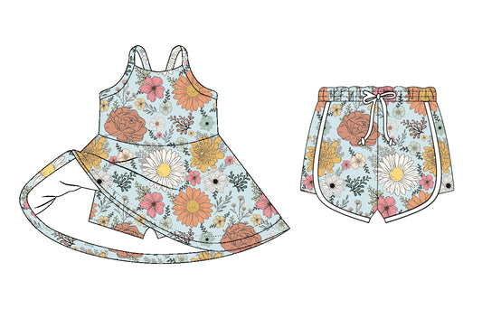 26.1.6 Custom MOQ:3 or 5 pcs each design milk silk Sibling baby girl clothes floral short sleeve dress and shorts