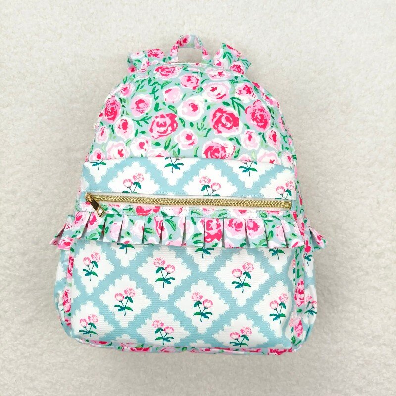 BA0100 Pink flowers light blue backpack